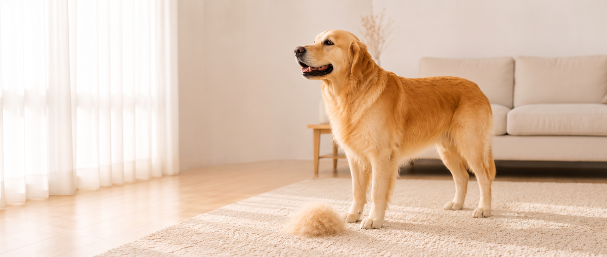 Golden retriever de pie sobre la alfombra del salón junto a un montón de pelo suelto retirado con el cepillo FurCalm de Lintia